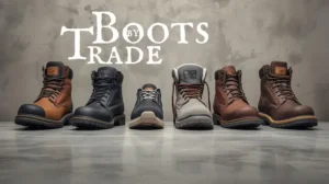 Lineup of different work boots on a concrete floor, from rugged logger boots to slip-on styles