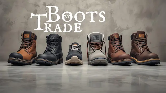 Lineup of different work boots on a clean concrete floor from logger to slip-on styles