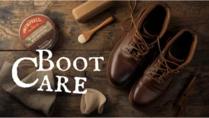Leather work boots with a brush, conditioner, and cloth on a wooden table