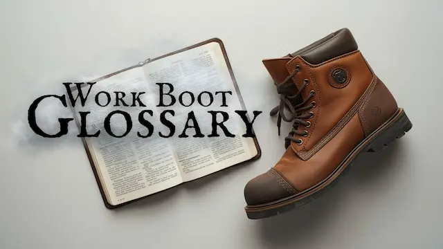 Open glossary book with rugged work boots beside it on a clean background