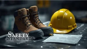Work boots next to a yellow hard hat and safety checklist on a clean workbench.