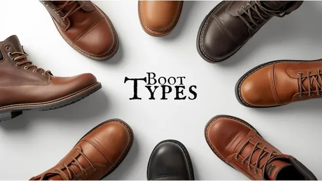 Flat lay of different types of work boots including steel toe, composite, waterproof and sneaker-style
