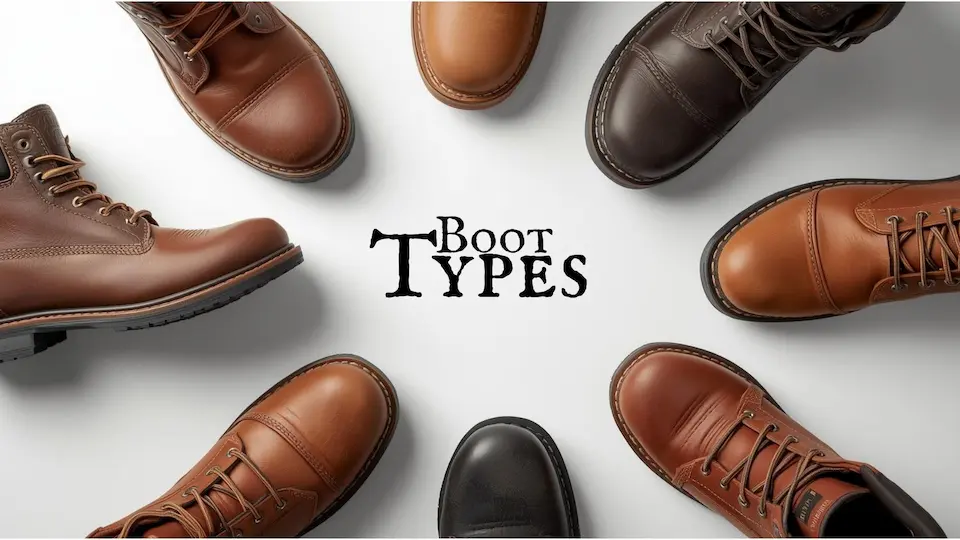 Flat lay of different types of work boots, including steel toe, composite, waterproof, and sneaker-style.
