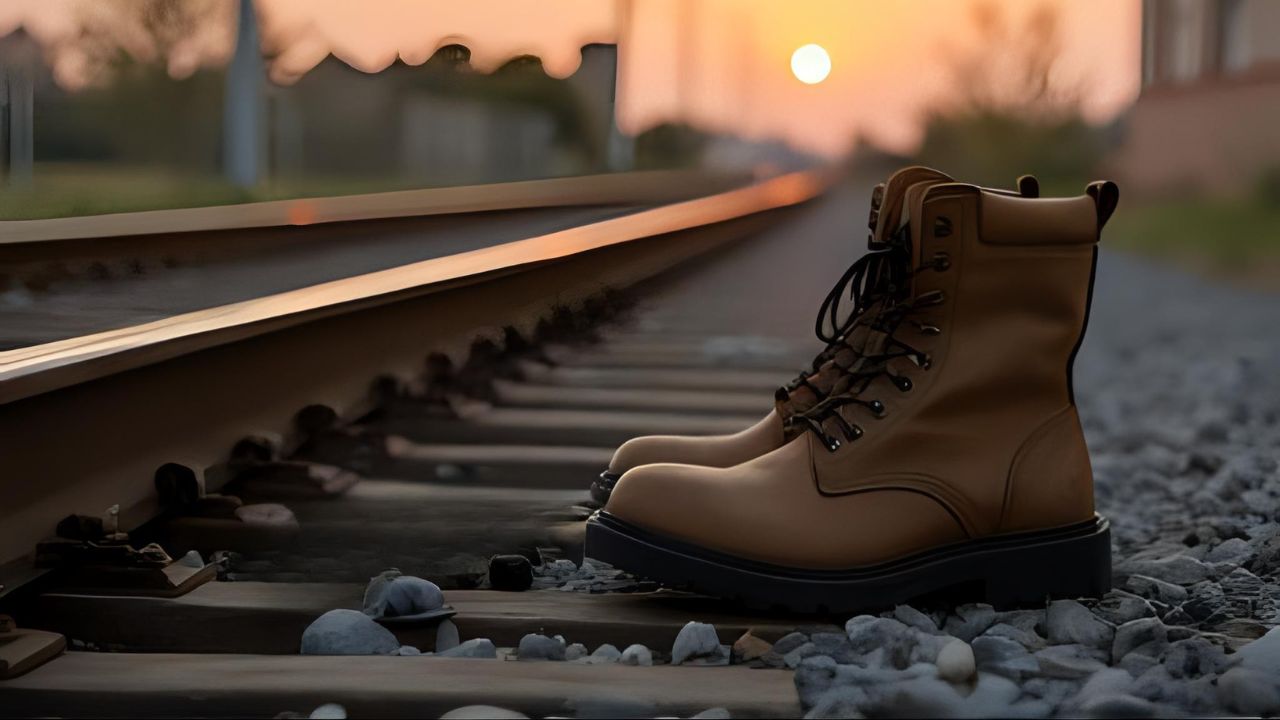 Close-up of rugged work boots on railroad tracks at sunset