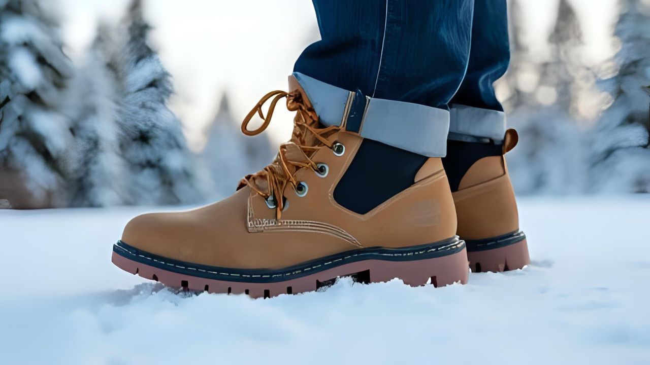 Insulated, waterproof safety-toe work boots standing in snow with slush and ice visible