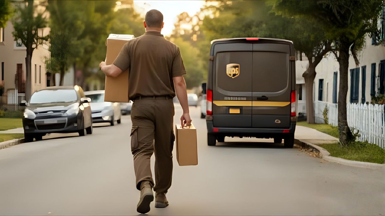 UPS-style delivery driver walking from van with parcel, wearing sturdy work boots