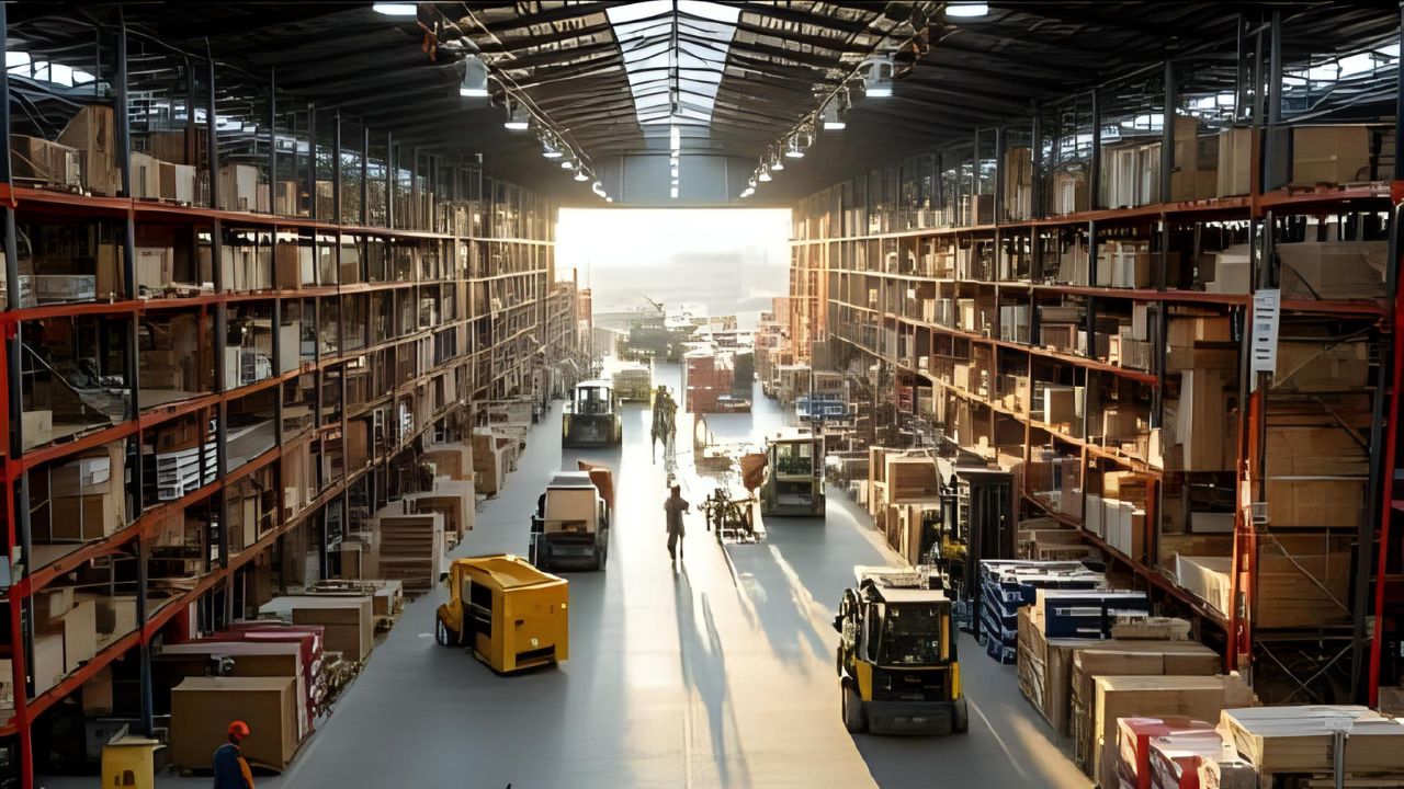 Warehouse picker walking down polished concrete aisle wearing safety toe footwear