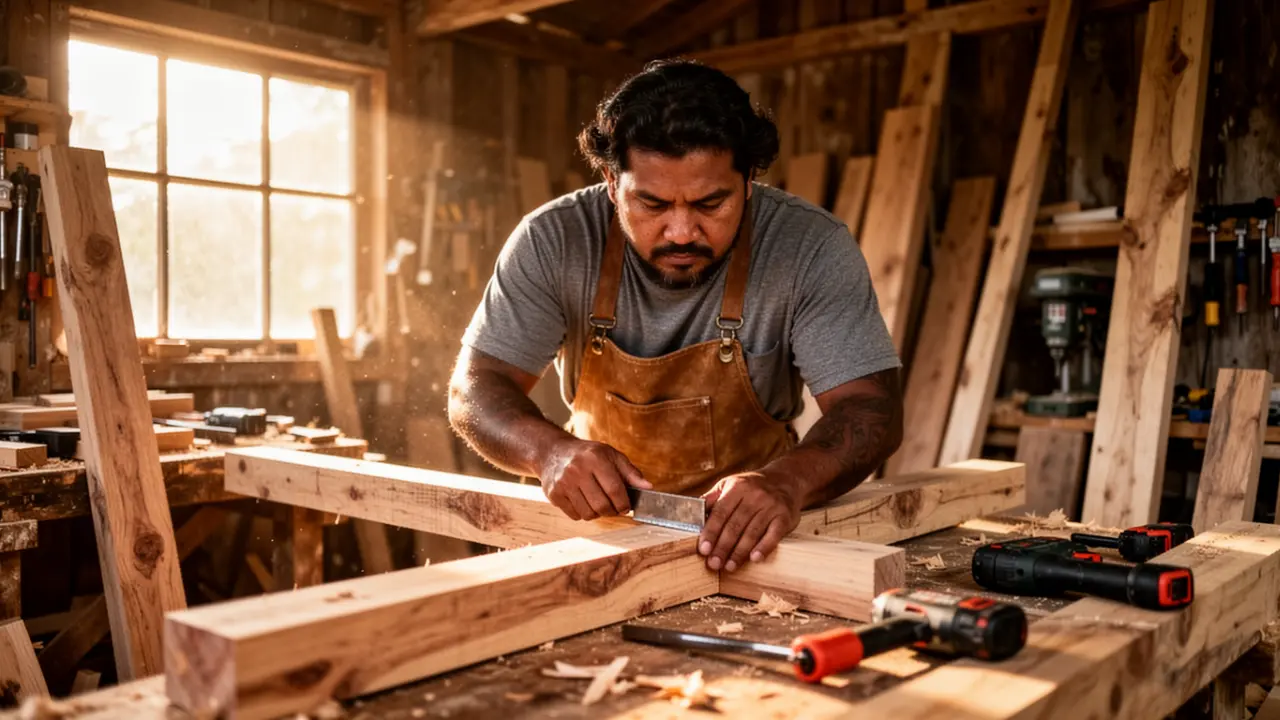 Carpenter standing on plywood subfloor wearing wedge sole work boots on a framing jobsite