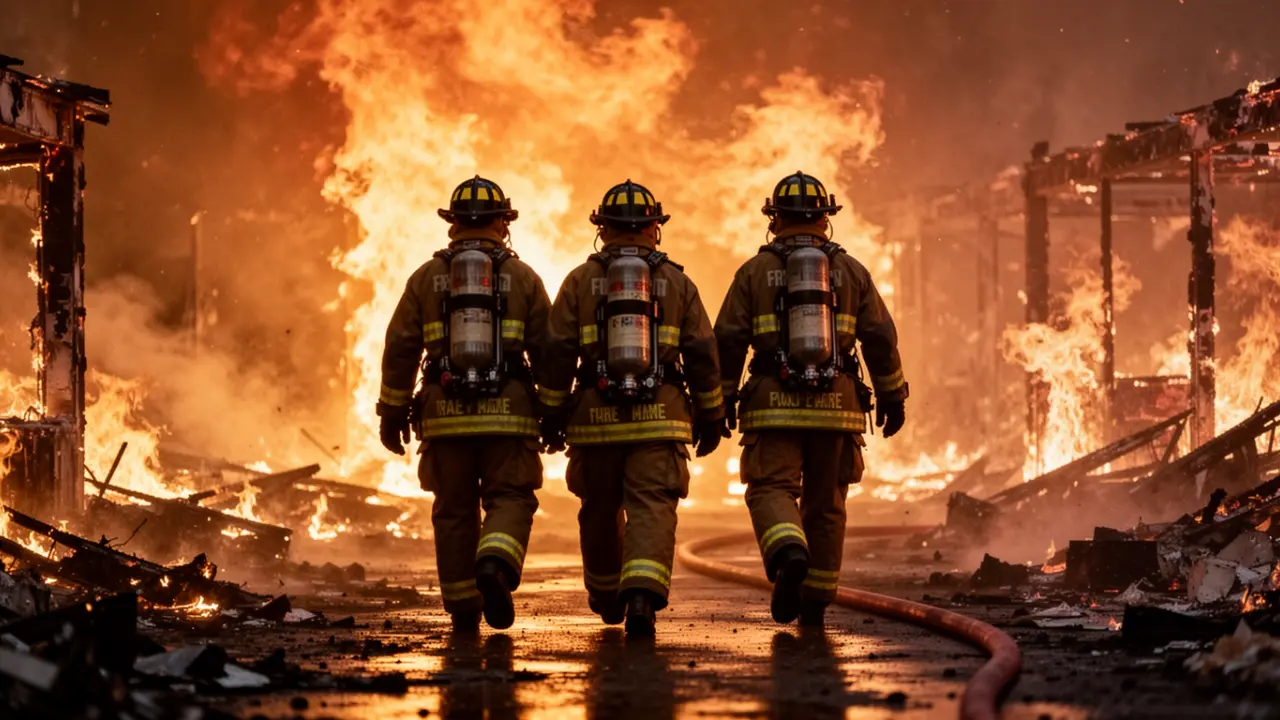 Firefighter work boots on apparatus bay floor with structural and wildland NFPA certified protection