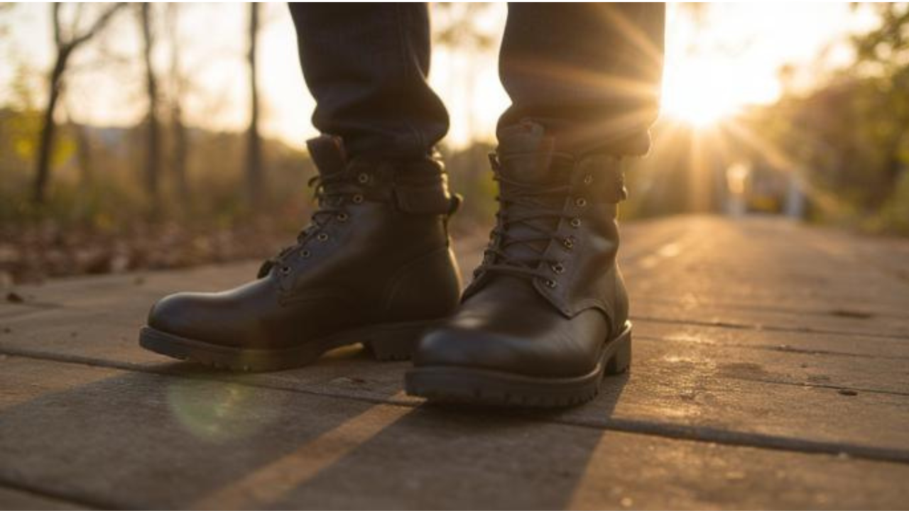 Supportive work boots on pavement at sunrise designed for flat feet comfort