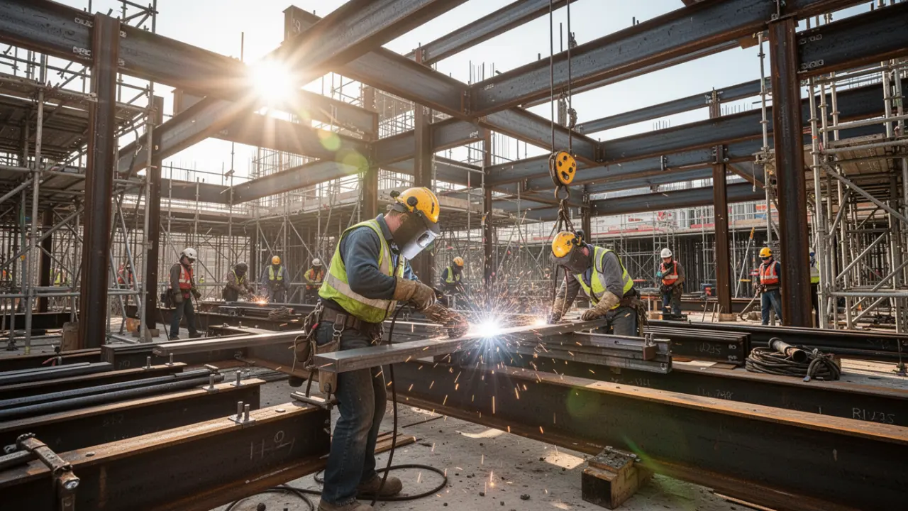 Ironworker standing on steel beams wearing wedge sole safety boots on high steel jobsite