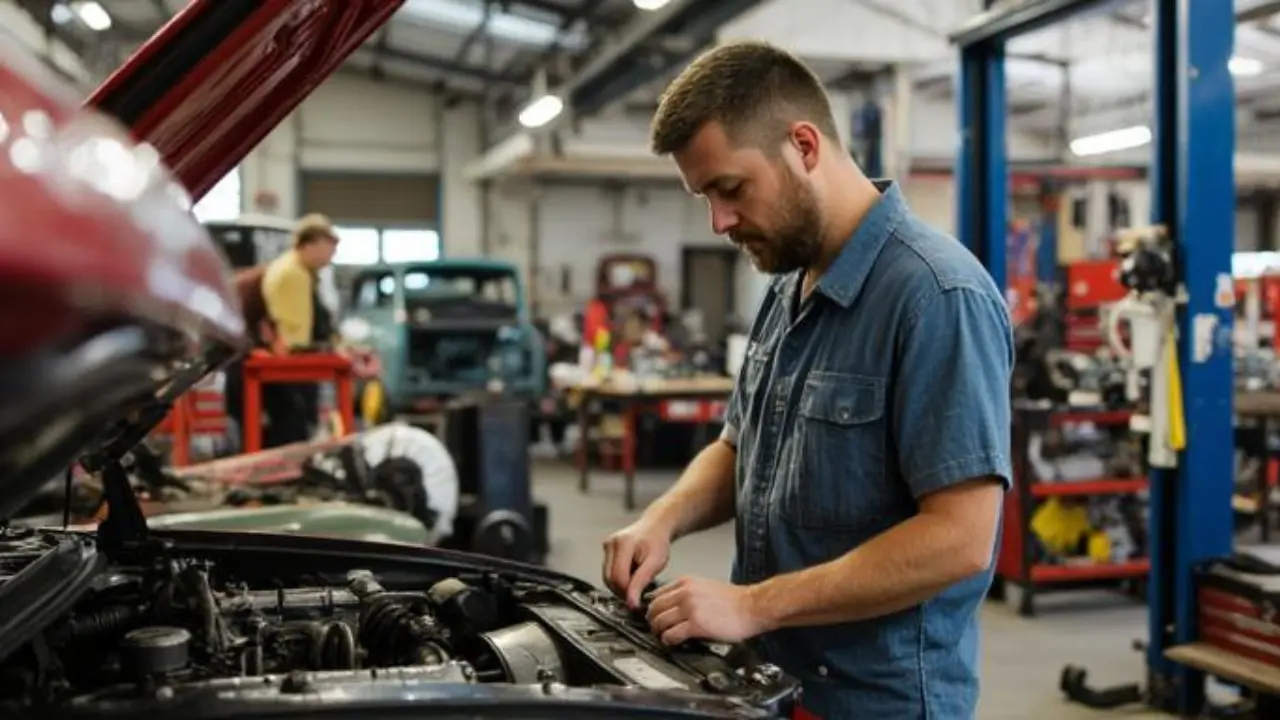 Waterproof steel toe mechanic and diesel work boots with oil-resistant SR outsole on epoxy garage floor