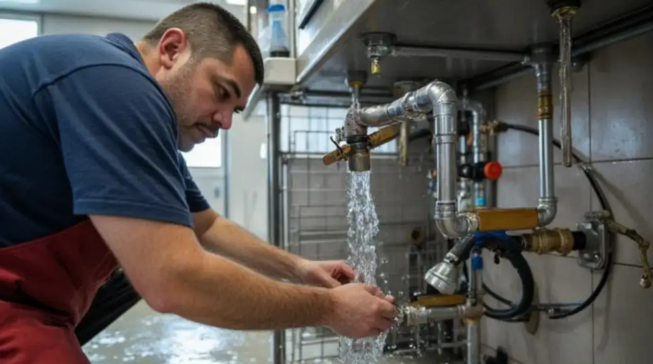 Plumber working on leaking pipes wearing waterproof non-slip work boots in wet basement