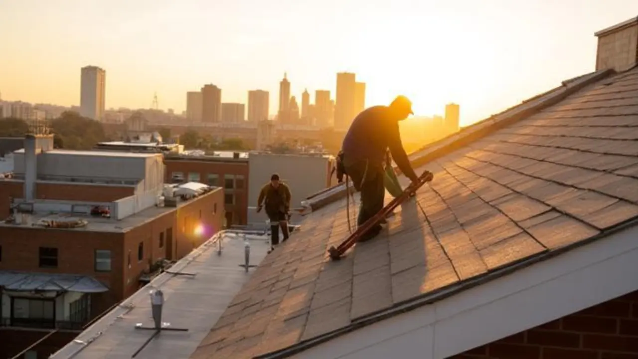 Roofers working on asphalt shingles wearing high-traction roofing boots on steep residential roof