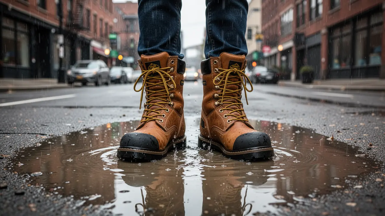 Lightweight waterproof work boots standing in a wet puddle on a construction site