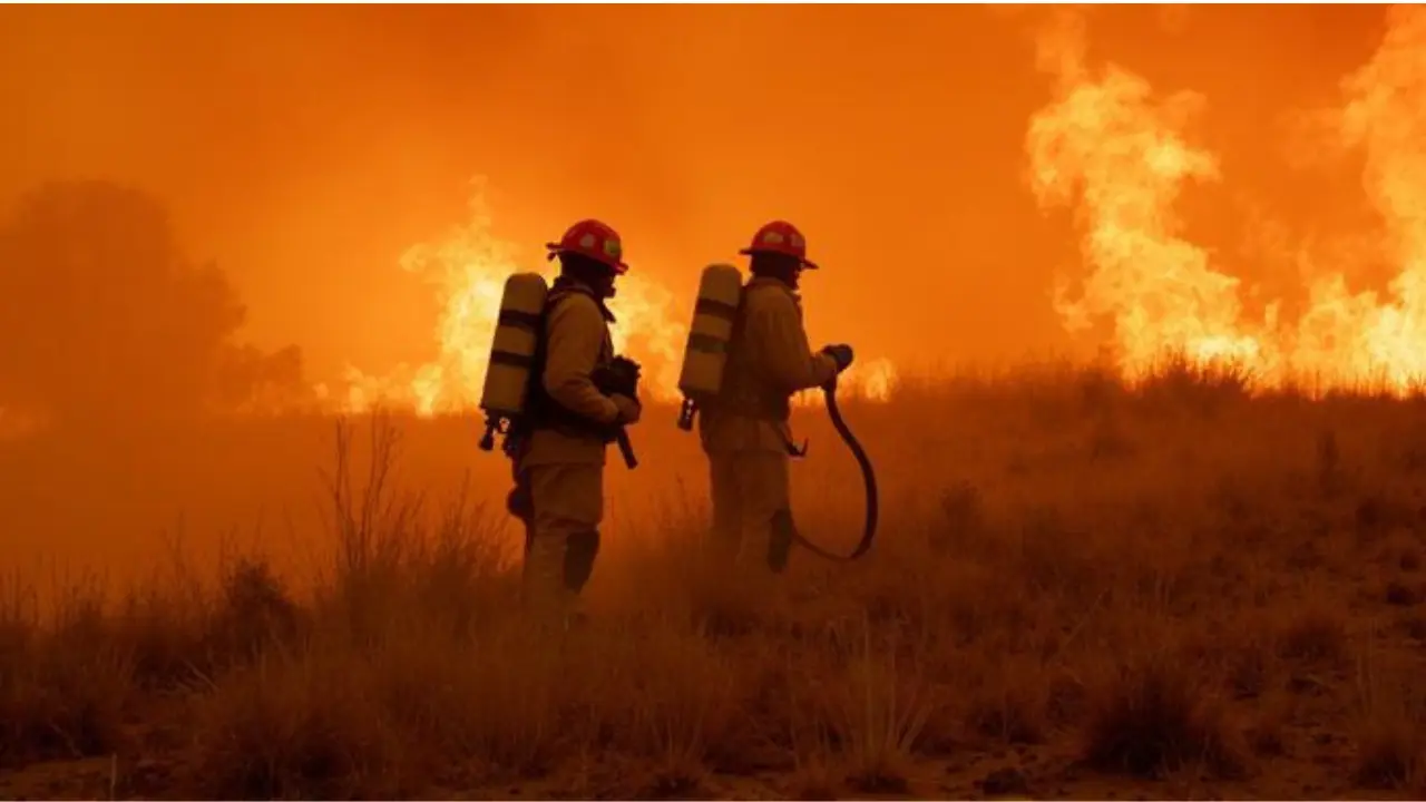 Wildland firefighters wearing tall leather fire boots on steep fireline terrain