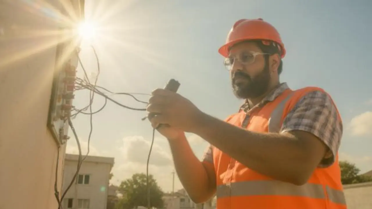 electrician wearing EH-rated work boots while working with electrical gear on a jobsite