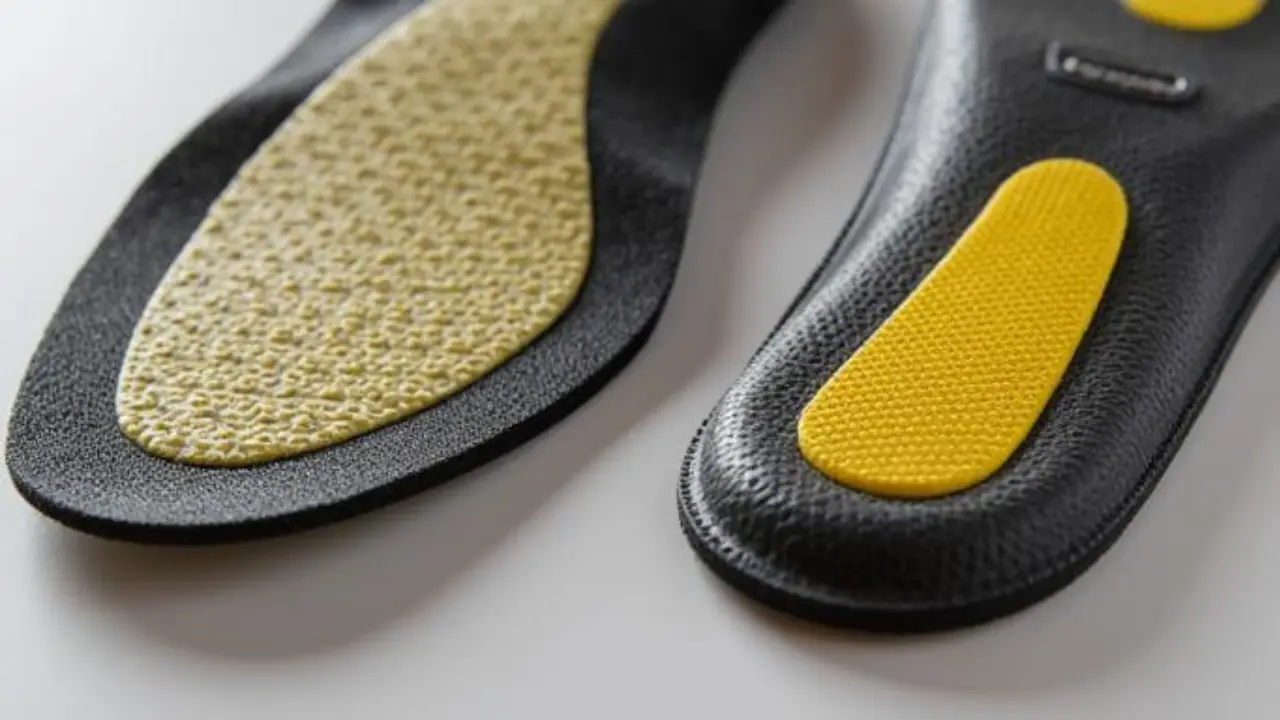supportive insoles placed inside steel toe safety boots for long work shifts