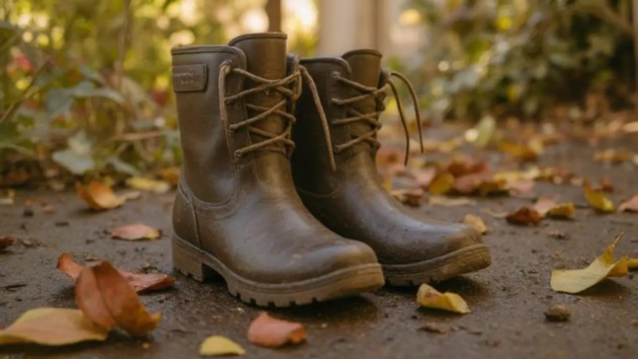 landscaping worker wearing waterproof work boots while working in wet grass and soil