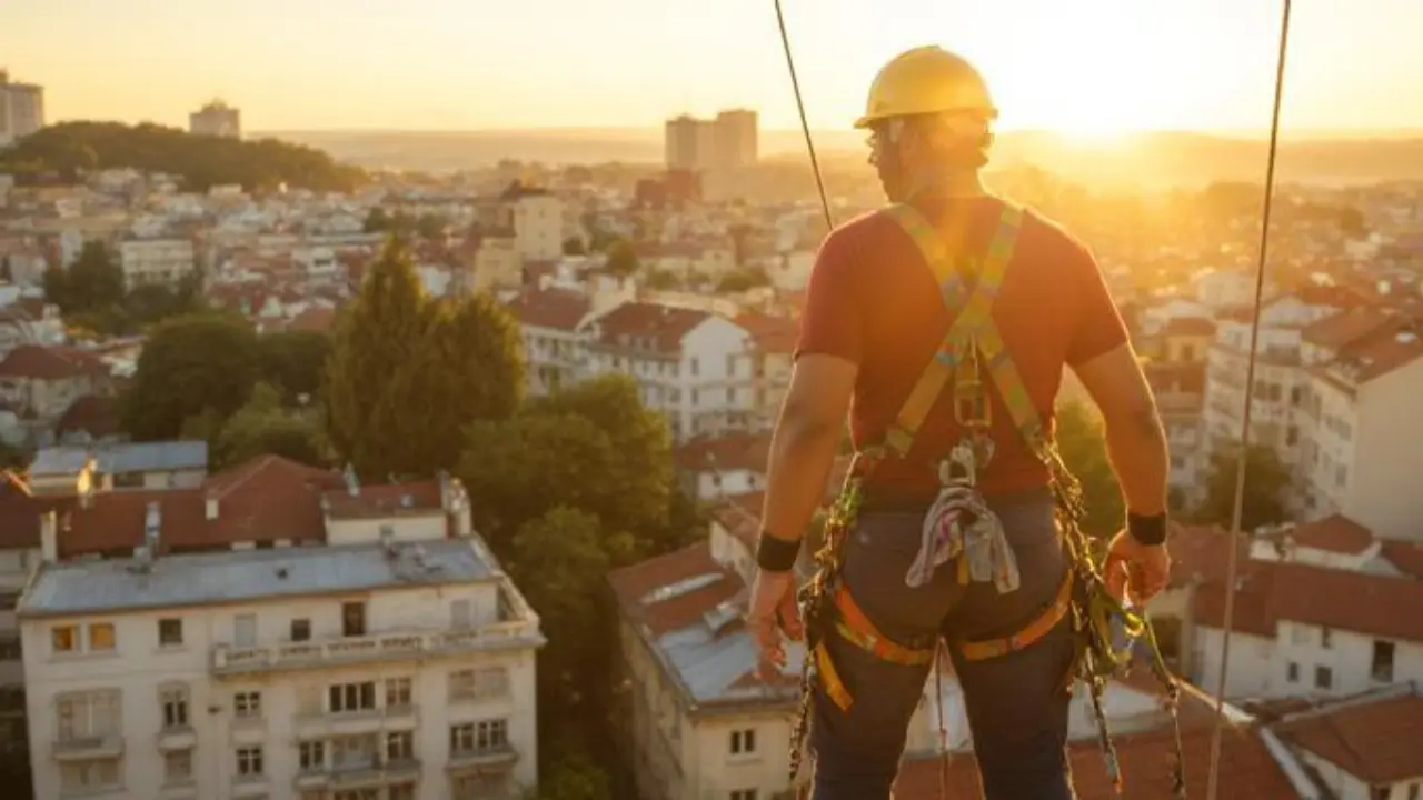 Lineman work boots with tall shaft and steel shank climbing utility pole with gaffs