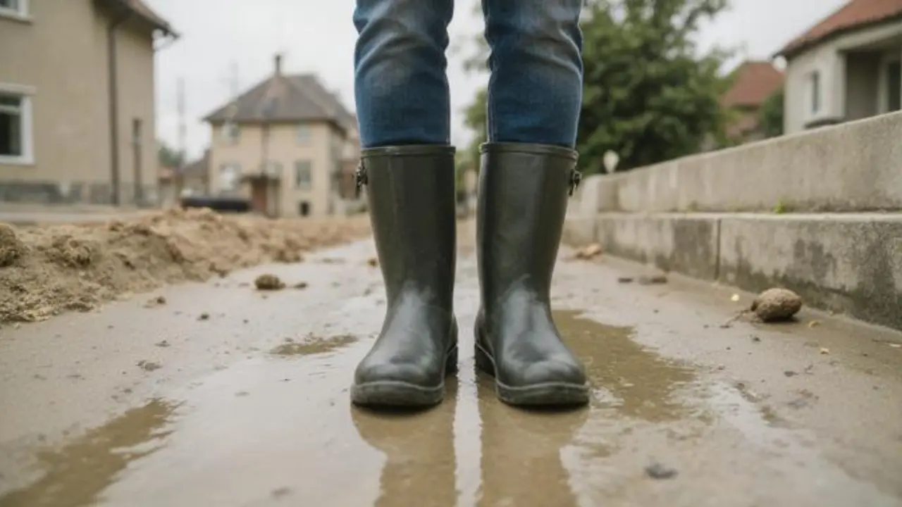 waterproof rubber farm work boots standing in muddy field conditions