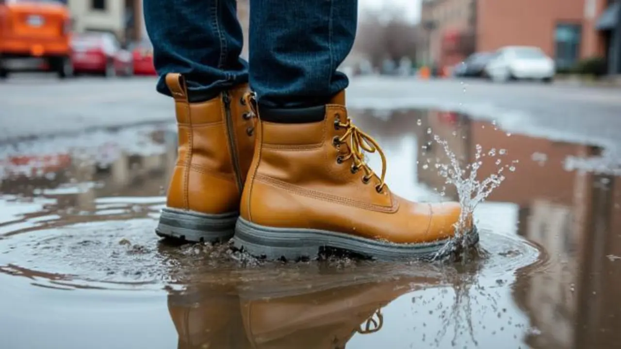 waterproof work boots standing on wet concrete surface during rain