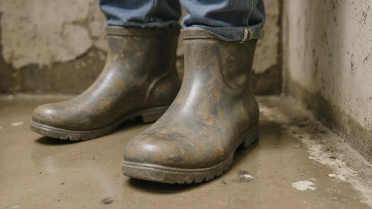 construction worker wearing waterproof boots while standing in wet concrete during a slab pour
