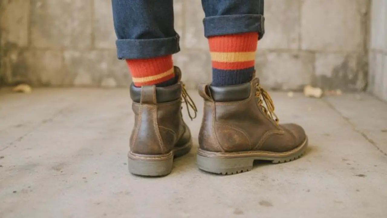moisture-wicking cushioned socks worn with safety work boots