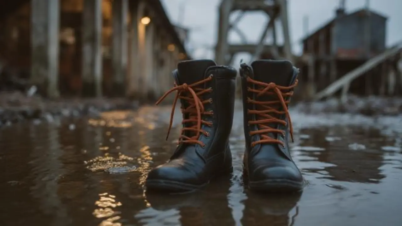 waterproofed work boots with safety toes standing in wet jobsite conditions