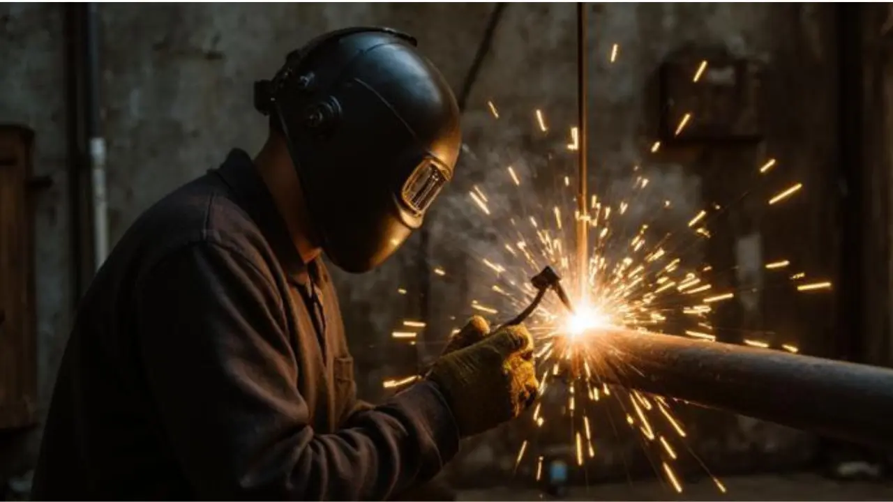 welder wearing metatarsal guard work boots in a fabrication shop with sparks and heavy steel